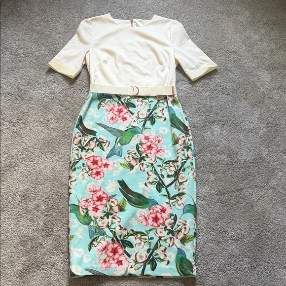 Ted Baker Aqua, Pink and Green Floral & Bird Pencil Skirt - Picture 1 of 6